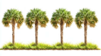 Obraz premium Four Tropical Palm Trees on a White Background with Green Grass