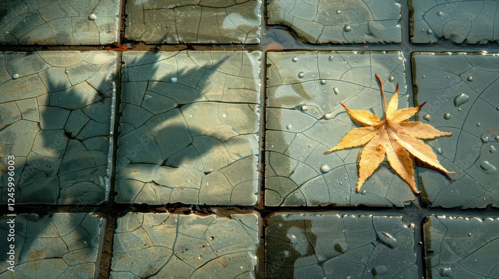 Poster a fallen maple leaf rests on wet tiles, reflecting shadows and droplets in a serene setting