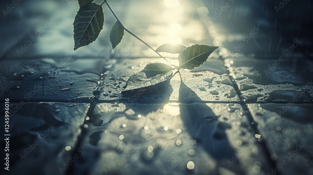 Poster close-up of a leaf resting on wet tiles, illuminated by soft light, with rain in the background