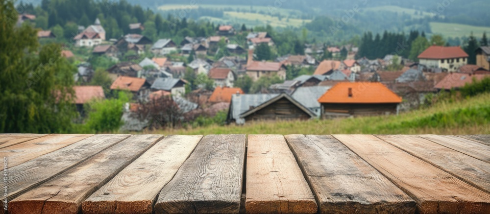 Poster scenic view of an empty rustic wooden table overlooking a charming village landscape with ample spac