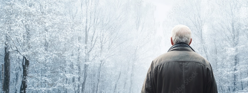 Aufkleber elderly man walking in a serene snowy forest with ample empty space for text or messaging in a tranq