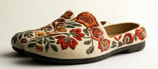 Embroidered felted wool slippers with floral designs displayed on a clean white background showcasing craftsmanship and style.