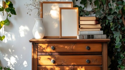 Elegant Wooden Dresser with Books and Empty Frames Surrounded by Plants