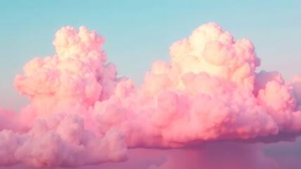 Above Dreamy Pink Clouds. Big fantasy cumulus sugar cotton pink pastel cloudscape in blue sky. Amazing background. Dreamlike Atmosphere. Soft gradient Backdrop. Sunlight. High quality photo