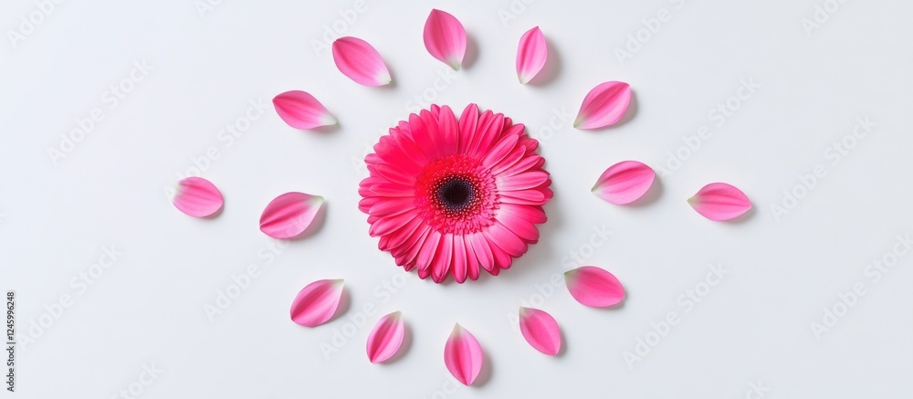 Poster pink gerbera flower surrounded by its petals in a circular arrangement symbolizing spring and summer