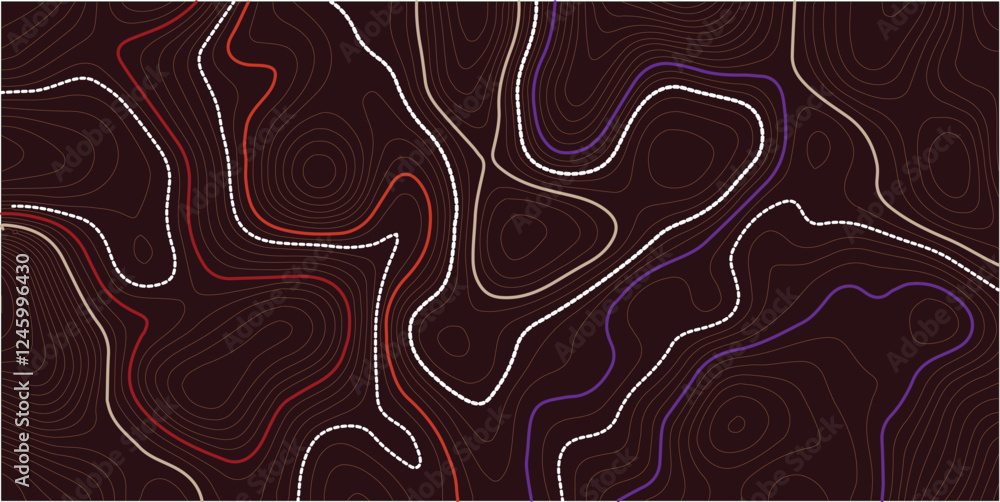 Poster The stylized height of the topographic map contour in lines and contours. The concept of a conditional geography scheme and the terrain path. Orange on black. Ultra wide size. Vector illustration.
