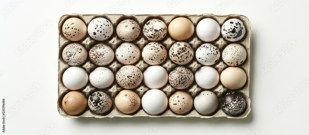 Poster fresh quail eggs arranged in a cardboard egg rack on a white background showcasing diverse colors an