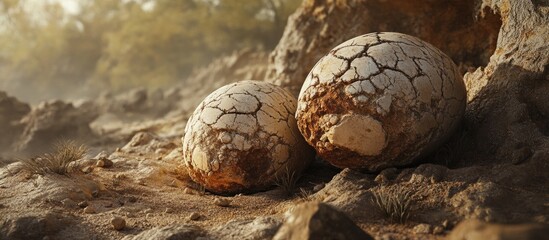 Obraz premium Fossilized dinosaur eggs amidst rocky terrain showcasing ancient life and paleontological significance in a natural setting.