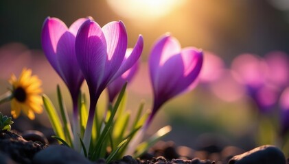 Delicate petals of purple crocus flowers unfolding in sunlight, blossom, purple, sunflowers