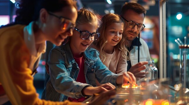 Excited children and adults interact with engaging exhibits at a fun science museum, fostering curiosity and learning.