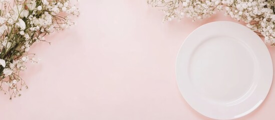 Elegant Floral Centerpiece with White Plate on Soft Pink Table Setting Ideal for Wedding Decor and Event Planning Promotions