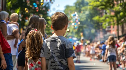 Children watching a vibrant parade, captivated by colorful sights and joyful moments in a lively street atmosphere.