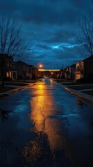 Wet street, houses, twilight, lights, reflections.
