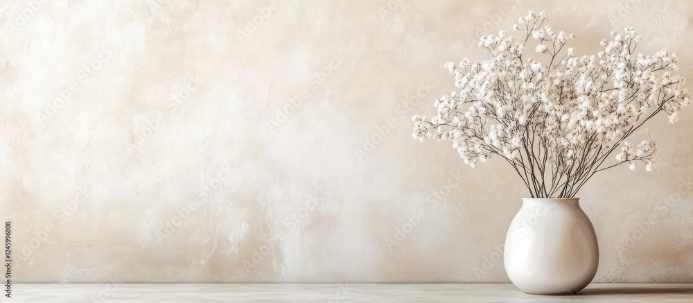 Aufkleber serene soft focus floral arrangement in minimalist vase with neutral background and ample space for 