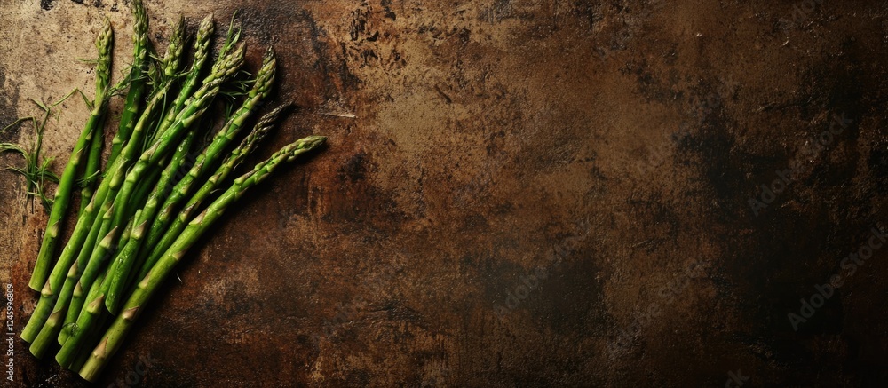 Aufkleber freshly harvested asparagus on rustic brown surface ready for cooking with empty space for text or b