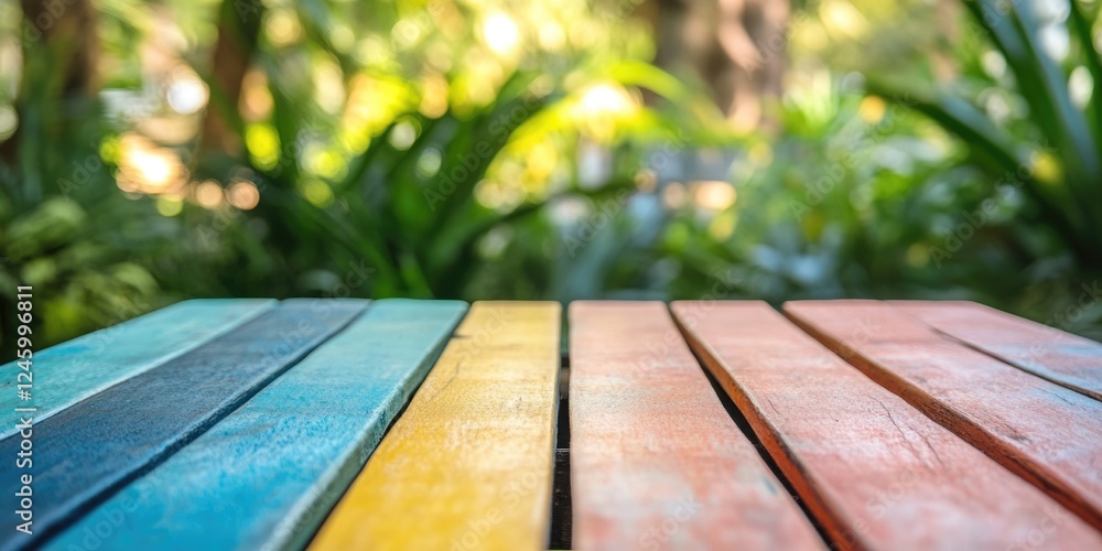 Poster empty colorful wooden table in tropical garden with lush greenery background for text placement and 