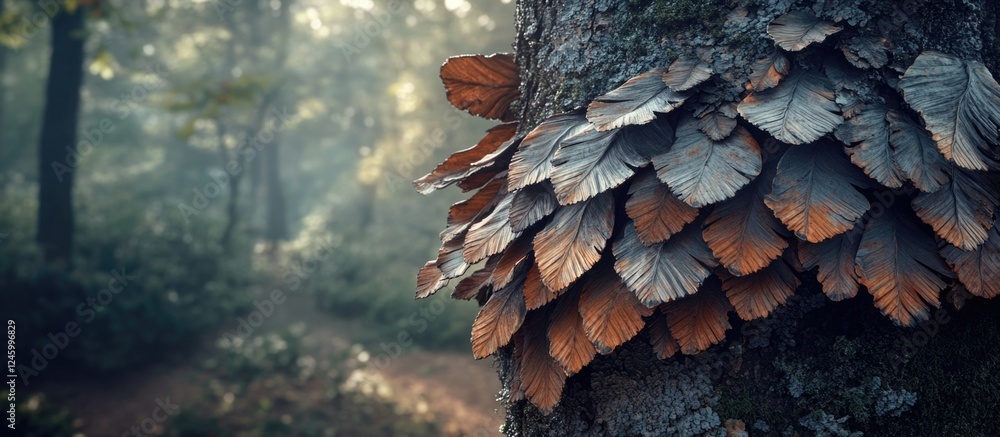 Poster textured tree bark resembling feathers with soft morning light filtering through a serene forest lan