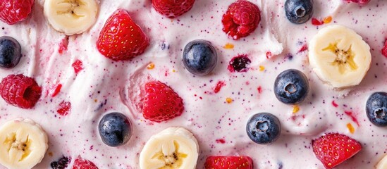 Delicious fruit yogurt ice cream smoothie with fresh berries and banana close-up dessert background healthy indulgence concept