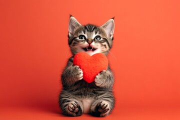 Commercial visual idea art. Munchkin - my preferred cat. Cute munchkin kitty with fluffy red heart - emblem of love, funny greeting card. Valentine's gift for animal lovers. Adorable love pet.