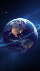 Fototapeta premium Stunning view of Earth with illuminated continents and a glowing ring, set against a starry backdrop.