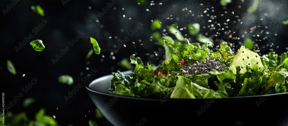 Aufkleber vibrant green salad in black bowl with motion blur chia seeds creating a dynamic culinary scene and 