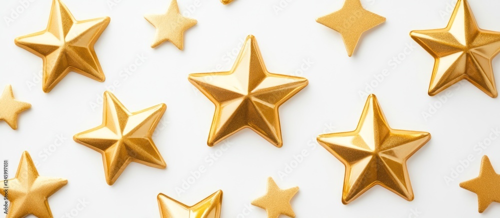 Poster golden stars and decorative ribbons arranged on a white background with ample empty space for person