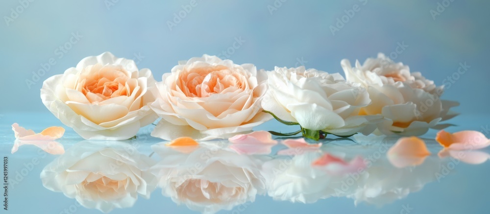Poster elegant white and pastel roses with petals on blue background creating a soft romantic atmosphere wi