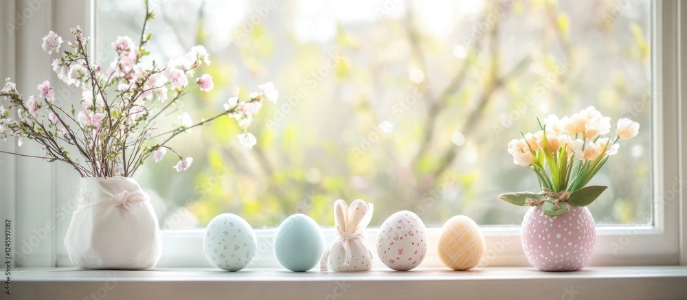Aufkleber easter decorations on windowsill with colorful eggs and flowers creating a festive atmosphere and bl