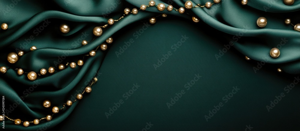 Poster golden pearls arranged on dark green silk fabric creating an elegant background with ample space for