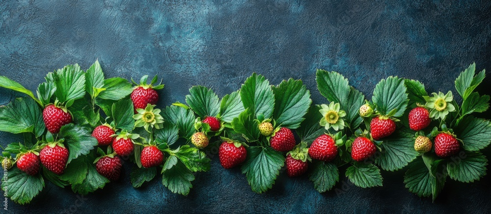 Poster wild strawberries surrounded by green leaves and blooms on dark background with copy space for text 