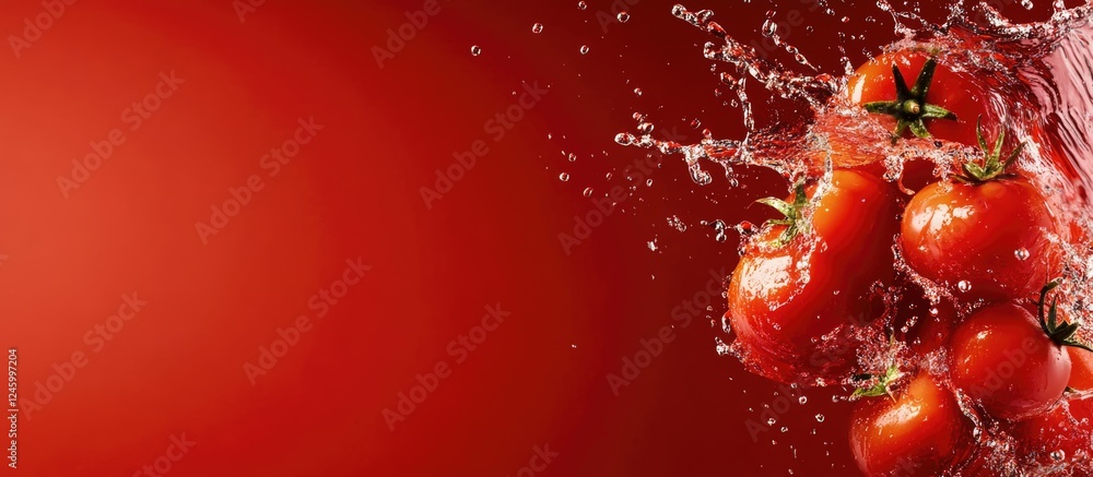 Poster red tomatoes splashing in water on vibrant red background with ample space for text convey freshness