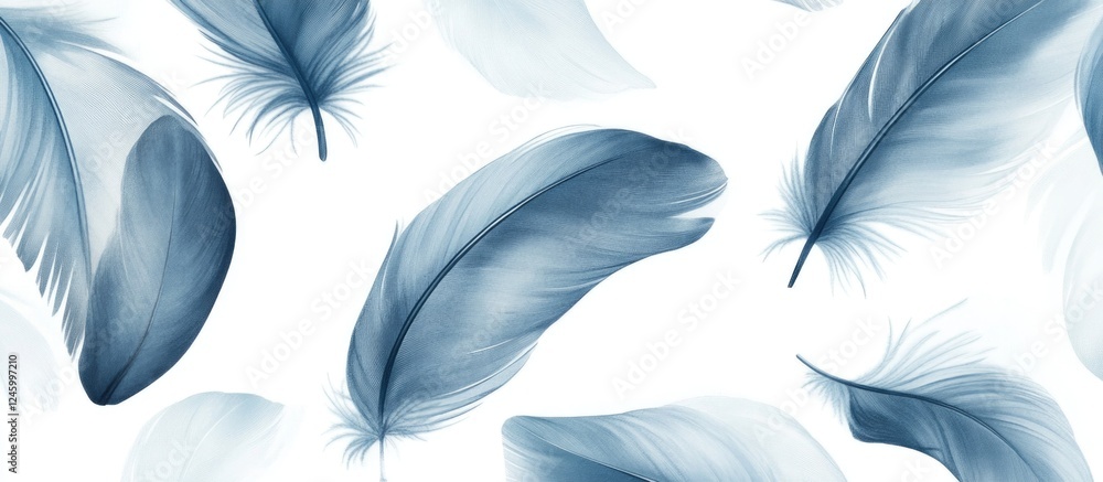 Poster feather seamless pattern background in light blue tones with abstract bird feather textures for wall