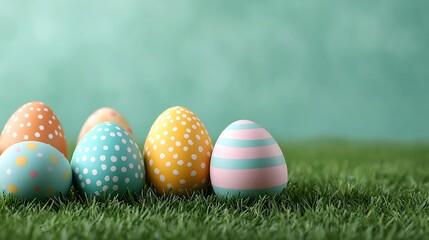 Easter day celebration with pastel tone easter eggs on green grass outdoor close-up view