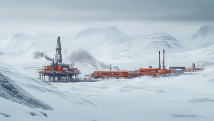 A realistic photograph of an oil rig in the Arctic, surrounded by snow-covered tundra and icy mountains under overcast skies. 
