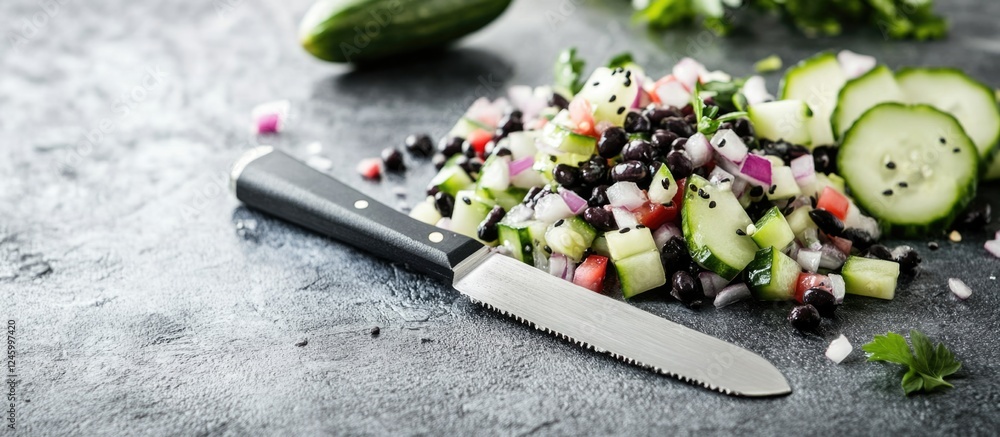 Poster gourmet black bean salad with cucumber and onion on a rustic countertop with knife and empty space f