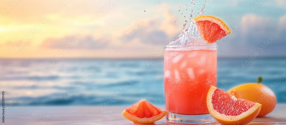 Poster refreshing grapefruit juice in glass with citrus slices and ocean view splash effect ideal for summe