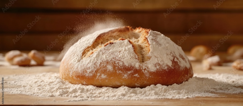 Poster freshly baked round bread on wooden table surrounded by flour with space for customizable text displ