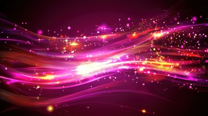 Obraz premium Abstract glowing waves, pink, orange, sparkles, dark background, celebration