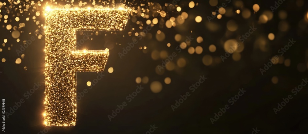 Aufkleber golden illuminated letter f with glittering effects and blank space for customizable text in a moder