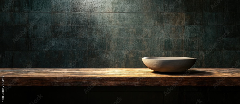 Poster rustic wooden tabletop with a minimalist bowl in softly lit bathroom setting for text overlay and cr