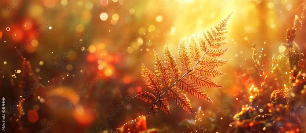 Poster autumn forest with backlit fern leaves glowing amidst colorful foliage and soft bokeh creating a war