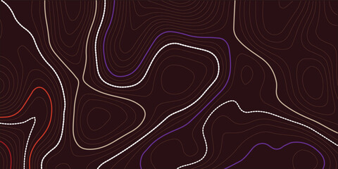 The stylized height of the topographic map contour in lines and contours. The concept of a conditional geography scheme and the terrain path. Orange on black. Ultra wide size. Vector illustration.
