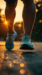 Person runs, sunset, wet pavement, footwear, motion blur.