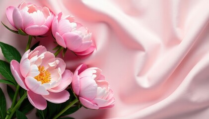 Fototapeta premium Delicate pink and white peonies against a smooth silk surface, peonies, lush