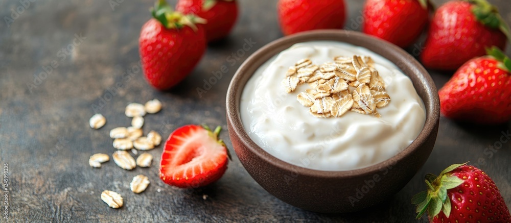 Poster bowl of yogurt topped with oats and fresh strawberries with copy space for text on rustic background