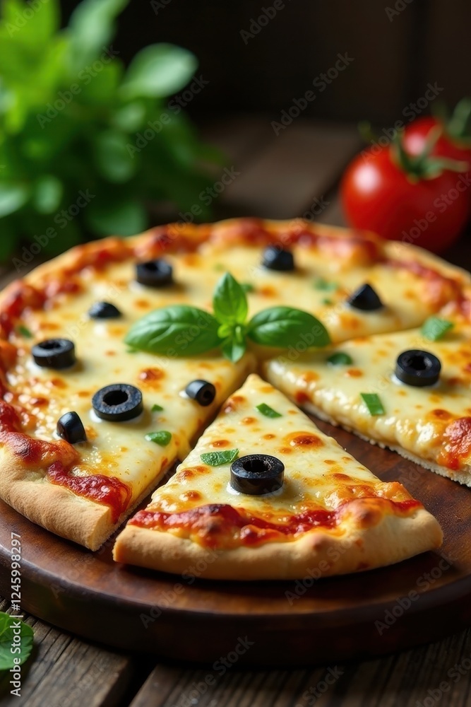 Wall mural A Deliciously Simple Cheese Pizza with Black Olives and Fresh Basil on a Rustic Wooden Board