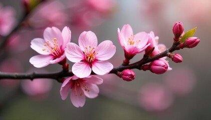 Fototapeta premium Delicate pink blooms unfolding on a woody branch, flower, shrub, bush