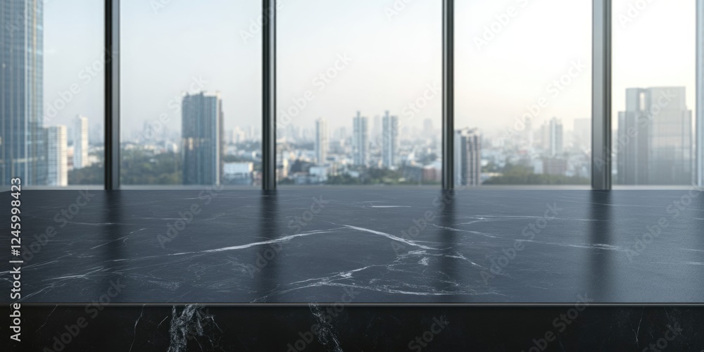 Poster modern black marble tabletop with panoramic city view offering ample space for text or product displ