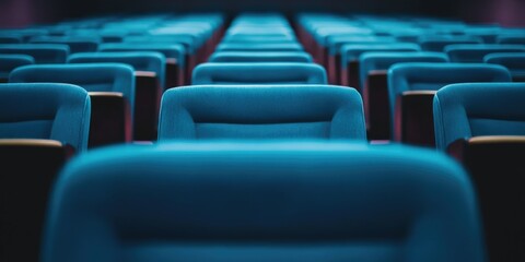 Naklejka premium Empty movie theater auditorium with blue seating perspective from stage showcasing rows of vacant seats and ample space for text overlay