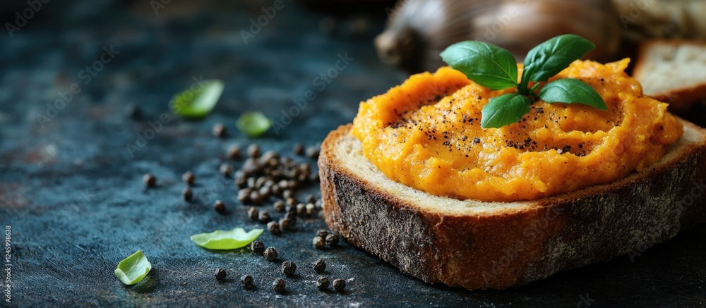 Aufkleber homemade pumpkin spread on rustic bread with copy space for text in a cozy dinner setting